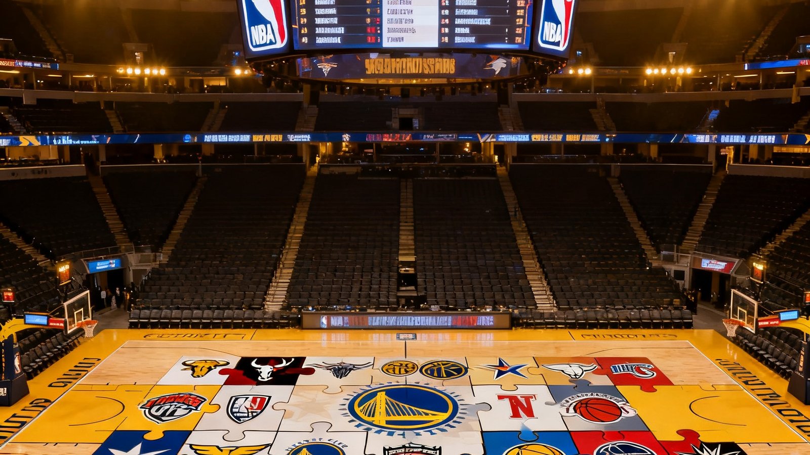 一张NBA球场俯拍照片，球场上方的巨大记分牌亮着新赛季的赛程安排，球场中央摆放着各队队徽组成的拼图图案，灯光璀璨的球馆内空无一人却充满了期待的氛围，色调偏暖金色